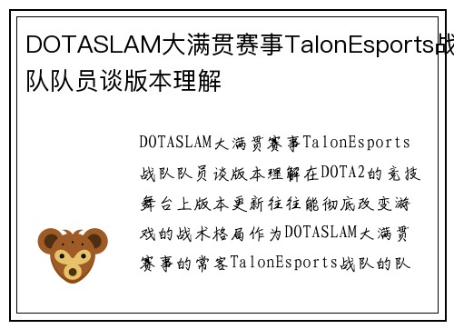 DOTASLAM大满贯赛事TalonEsports战队队员谈版本理解