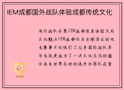 IEM成都国外战队体验成都传统文化